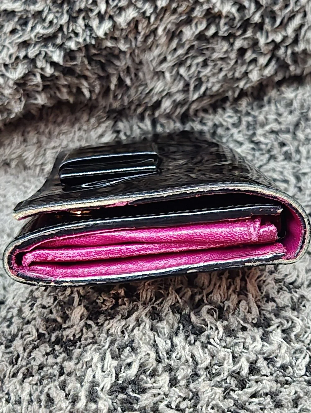 EUC Miu Miu Black Patent Leather Flap Long Wallet - Hot Pink Interior